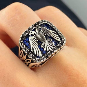 Double Headed Eagle Ring, Blue Stone Ring Mens,Turkish Handmade Silver Ring, 925 Sterling Silver,Silver Jewelry,Gift Ring