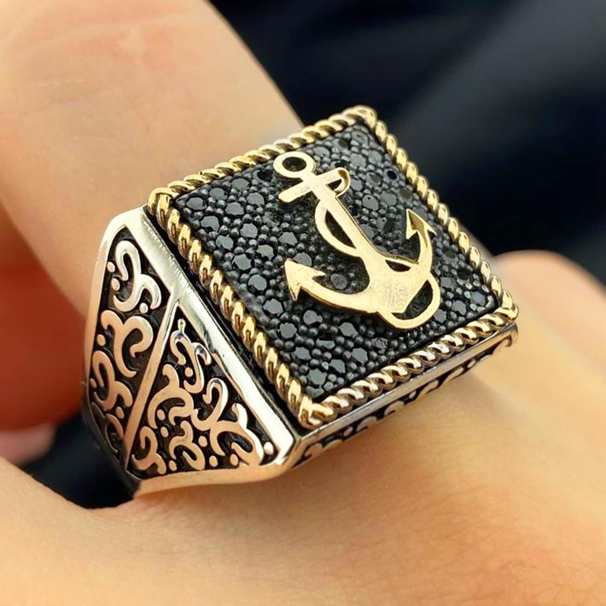 Onyx Ring Mens, Black Stone Ring,anchor Ring, Elegant Silver Ring, 925 Sterling Silver, Mens