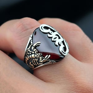 Scorpion Ring with Red Gemstone, Men&#39;s Sterling Silver Gothic Jewelry, Unique Scorpio Gift for Him, Zodiac Sign Birthday Ring