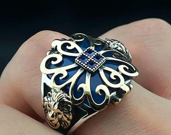 Anillo de circonita azul para hombre, cabeza de león, plata de ley 925 turca