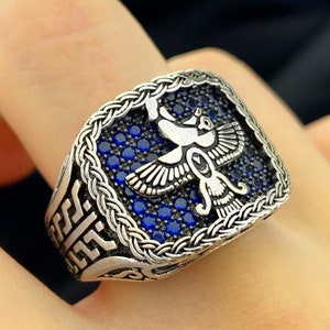Men&#39;s Silver Faravahar Handmade Vintage Falcon Jewelry, Blue Stone Statement Ring,Unique Gift For Him
