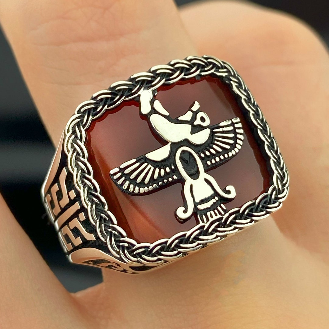 Faravahar Sterling Silver Ring, Agate Stone, Yemeni Aqeeq - Etsy