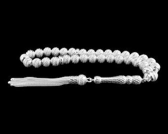 Engraved Sterling Silver Misbaha Tasbih, Islamic Prayer Beads