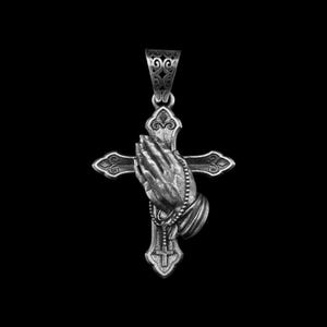 Praying Hand with Rosary Cross Pendant, Medieval Cross Necklace in Sterling Silver, Faith Necklace For Christian, Religious Necklace For Dad