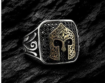 Mens Sterling Silver Spartan Helmet Ring, Onyx Accent