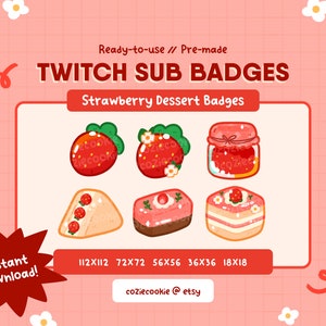 6x Strawberry Dessert Sub Badges for Twitch / Cute Bit Badges Emotes / Food Hand Drawn Streaming Emotes