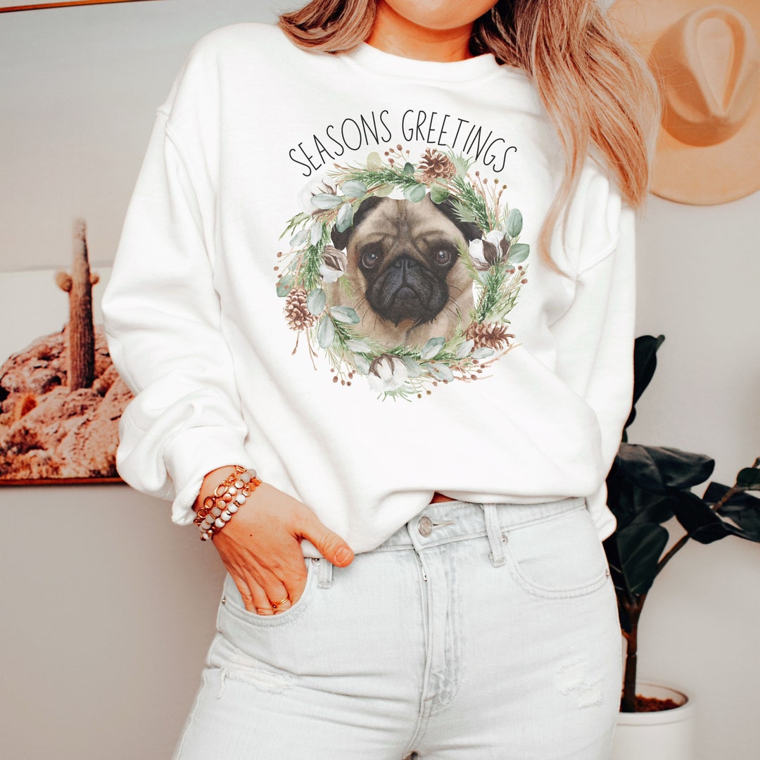 Pug Christmas Sweater, Seasons Greetings, Pug Gift, Cute Holiday Pug