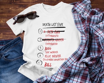 May include: White t-shirt featuring a black and red graphic that reads "Death List Five" with a list of names and descriptions. The names are crossed out in red.