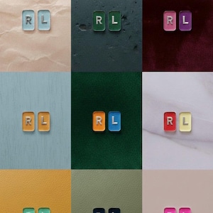 May include: Nine pairs of square, transparent, colorful objects, each with the letters "R" and "L". The pairs are in various colors, including blue, green, orange, pink, and yellow. The background colors vary as well.