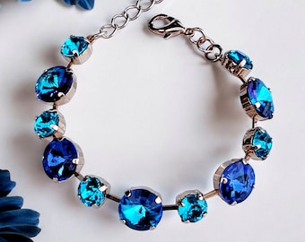 Peacock, Crystal Statement Bracelet, Dark Aqua, Sapphire, Purple, 12 & 8mm, Wedding, Gift for Her