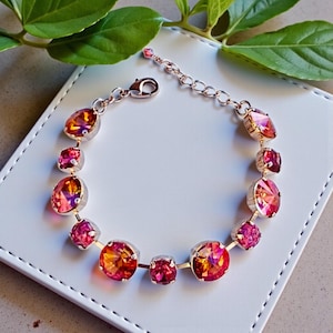Okie Sunset, Opal & Crystal Statement Bracelet, Orange Pink, 12/8mm Crystal, Gift for Her, Adjustable, Women Jewelry
