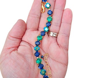 Betoverd bos, Oostenrijkse kristallen armband, blauw en groen, damessieraden, verstelbaar, cadeau voor haar