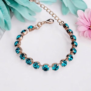 Dainty Teal Blue, 6mm, Crystal Tennis Bracelet, Adjustable, Gift for Her