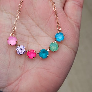 Lilly Dream, Multi Pinks, Teal, Green, Blue, Violet 8mm, Crystal Necklace 6 setting, 16.5&quot; with Extender, Jewelry set, Adjustable