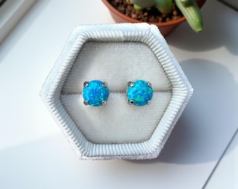 Aqua Blue Opal Stud Earrings, 8mm, Gift for her, Stainless Steel Post, or Leverback