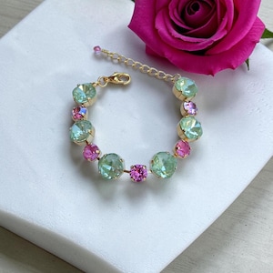 Pretty in Pistachio, Light Green and Rose Pink, Crystal Statement Bracelet, Cushion Cut, 12 & 8mm, Gift for Her, Adjustable, Formal Jewelry