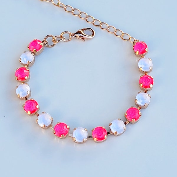 Dainty XOXO, Neon Pink, White, 6mm, Crystal Tennis Bracelet, Adjustable, Gift for Her