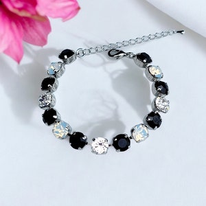 Schwarzes Eis Kristall Armband, 8 mm, schwarz glitzernd, Crystal White Opal, klarer Kristall, verstellbar, Geschenk für Sie