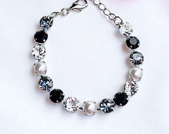 Vestido negro corto, pulsera de cristal austriaco, 8 mm, negro brillante, perlas blancas, cristal transparente, ajustable, regalo para ella.