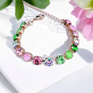 Palm Beach Gardens~ Pink and Green Crystal Bracelet, 8mm, Adjustable Crystal Tennis Bracelet, Multi-Color Jewelry, Gift for Her