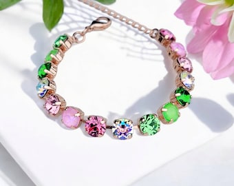 Palm Beach Gardens~ Pink and Green Crystal Bracelet, 8mm, Adjustable Crystal Tennis Bracelet, Multi-Color Jewelry, Gift for Her