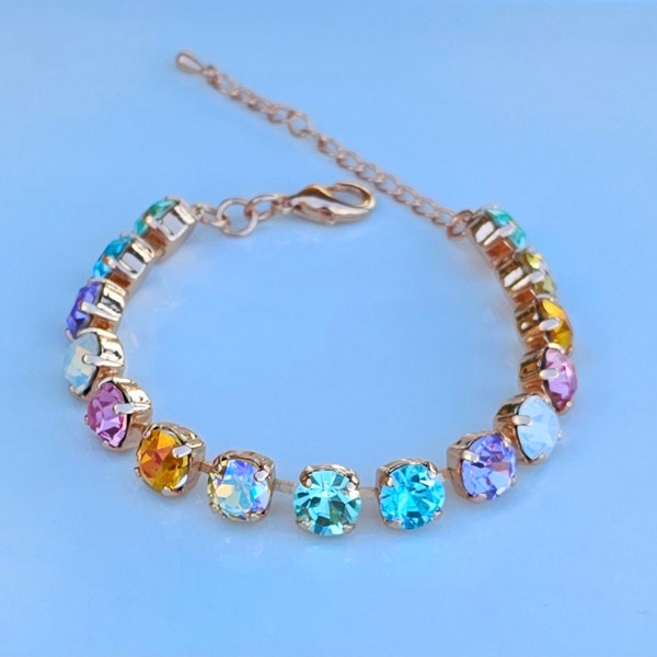 Cheerful Rainbow, Pastel Multi-Color Pinks, Yellow, Blues, Opal, and Greens, 8mm, Adjustable, Crystal Tennis Bracelet, Gift for Her