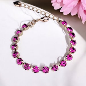 Dainty Fuchsia, 6mm Crystal Tennis Bracelet ~ Adjustable, Gift for Her, Deep Rich Pink