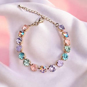 Spring Bouquet, Pastel Multi-Color Pinks, Blues, Violet,Peach and Greens, 8mm, Adjustable, Crystal Tennis Bracelet, Gift for Her