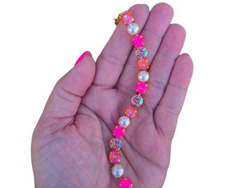 Tropical Kiss, Austrian Crystal Pearl Tennis Bracelet Pink, Orange & Pearl 8mm- Shown In Rose Gold