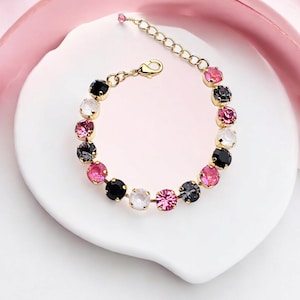 Pink Panda Armband, Kristallarmband, 8 mm, glitzernd schwarz, Eiskristall, pink Kristall, verstellbar, Geschenk für Sie
