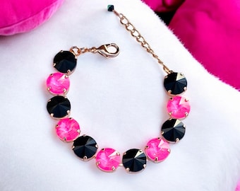 Pink Panther, Black & Pink, Austrian Crystal Statement Bracelet, 12mm, Hot Pink, Neon Pink, Gift for Her