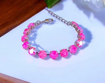Hot Pink 8mm Austrian Crystal & Opal Tennis Bracelet, My Girl, 8mm, Pink Ignite AB, Adjustable, Women Jewelry
