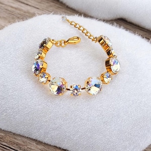 Crystal Moonlight, Iridescent Crystal Statement Bracelet, Cushion Cut, 12 & 8mm, Gift for Her, Adjustable