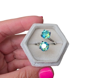 Anillo ajustable de color turquesa claro brillante, doble cristal austriaco de 8 mm, joyería formal para mujer.