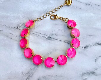 Electric Pink, Crystal Statement Bracelet, 12mm, Wedding, Hot Pink, Neon Pink, Gift for Her