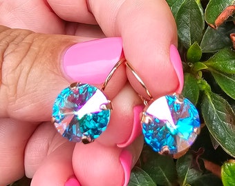 Addiction, Austrian 12mm Crystal Leverback Earrings, Iridescent, Aqua, Blue, Purple, Gift for Her
