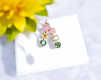 Dazzling Spring, 3 Stone Austrian Crystal Drop Earrings, Gift for Her, Jewelry Set, Dangle Earrings for Women