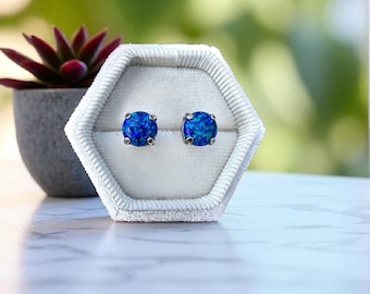 Royal Blue Opal, 8mm Stud Earrings, Gift for her, Women's Blue Earrings