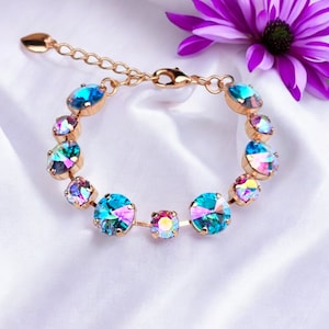 Addiction, Crystal Statement Bracelet, Iridescent Shimmer, 12mm & 8mm Crystal, Gift for Her, Adjustable, Women Jewelry