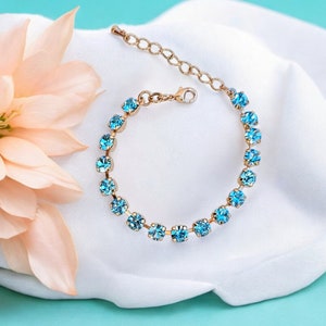Delicada pulsera de tenis de cristal de aguamarina de 6 mm ~ ajustable