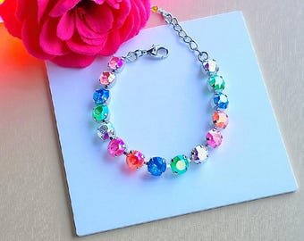 Neon Austrian Crystal Tennis Rainbow Bracelet Neon Summer 2.0, Electric AB Stones, Adjustable