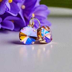 Twilight, 14mm Crystal Leverback Earrings, Purple Topaz Shimmer Crystal, Gift for Her