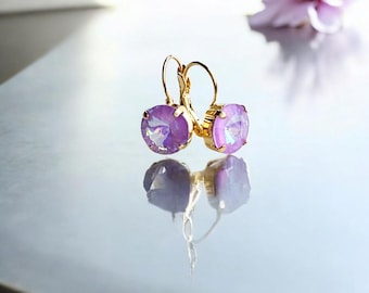 Ultra Unicorn AB, 12mm Crystal Leverback Earrings, Iridescent Ultra Lavender AB, Gift for Her