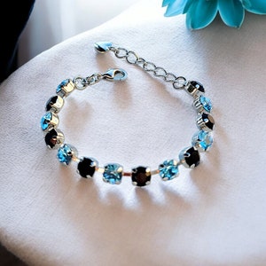 Pulsera de tenis delicada de aguamarina y cristal negro de 6 mm ~ Ajustable