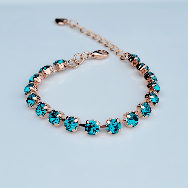 Dainty Teal Blue, 6mm, Crystal Tennis Bracelet, Adjustable, Gift for Her