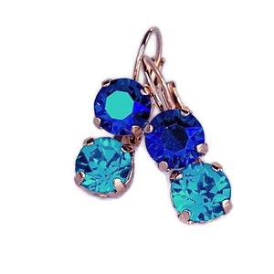 Peacock, Sapphire Shimmer and Dark Aquamarine, 8mm Crystal Double Drop Earrings, Gift for her