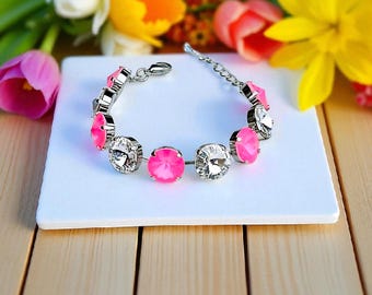 Pink and Clear Austrian Crystal Statement Bracelet 14mm, Electric Pink Ignite, Adjustable Jewelry