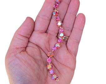 The Rose-effect, Oostenrijkse kristallen armband, 8 en 6 mm, verstelbaar, roze glinsterende kristallen, bruiloft, cadeau voor haar