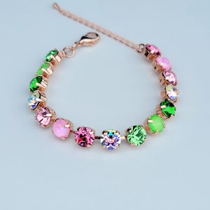 Palm Beach Gardens~ Pink and Green Crystal Bracelet, 8mm, Adjustable Crystal Tennis Bracelet, Multi-Color Jewelry, Gift for Her