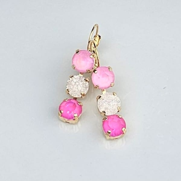 Let's Go Party, 3 Stone Crystal Drop Earrings, Pink, Crystal Ice, Hot Pink, Gift for Her, Matching Bracelet
